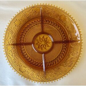VTG Tiara Indiana Glass ~Amber~ 5 Section Divided Platter ~Sawtooth Rim